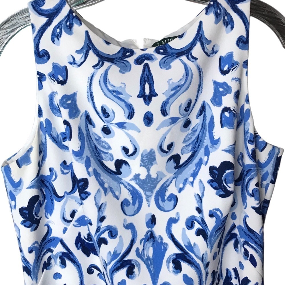 Ralph Lauren dress sz 10 sleeveless midi blue white artisan print classy elegant - Picture 6 of 11